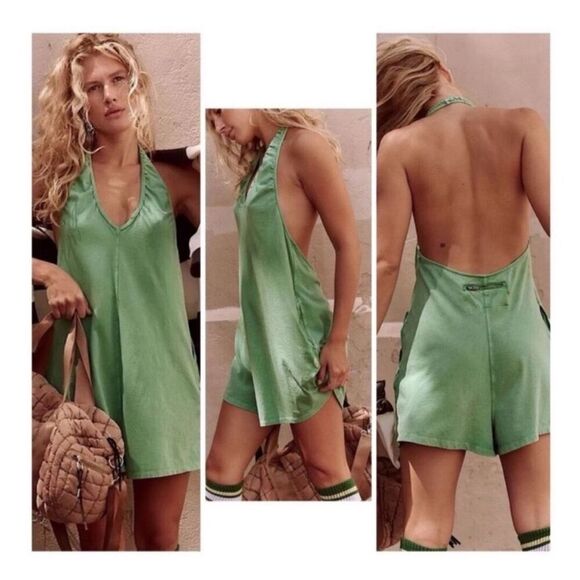 NWOT FREE PEOPLE Movement Medium HOT SHOT HALTER ROMPER Green Sheen - Picture 1 of 6